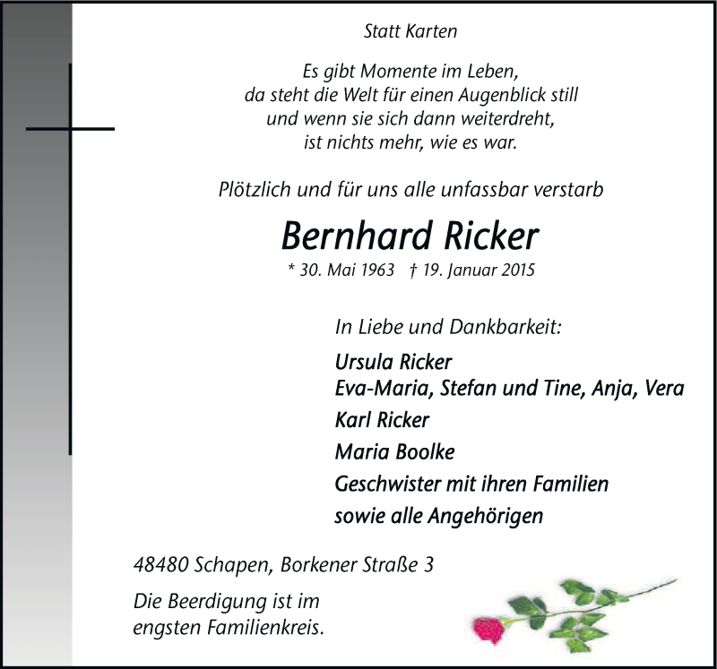  Traueranzeige für Berhard Ricker vom 22.01.2015 aus Neue Osnabrücker Zeitung GmbH & Co. KG