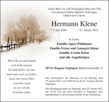 Traueranzeige von Hermann Klene von Neue Osnabrücker Zeitung GmbH & Co. KG