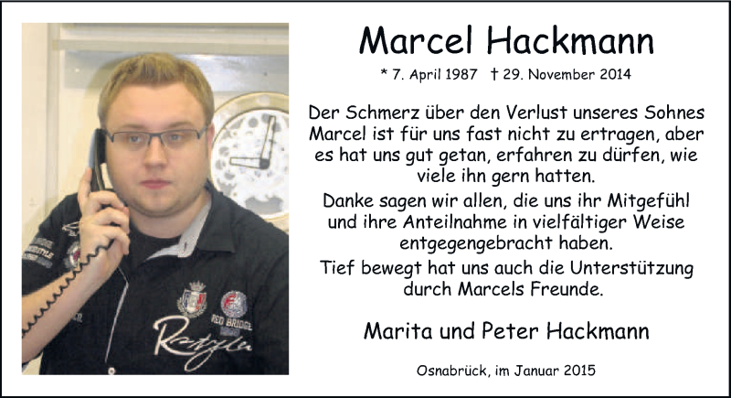  Traueranzeige für Marcel Hackmann vom 17.01.2015 aus Neue Osnabrücker Zeitung GmbH & Co. KG