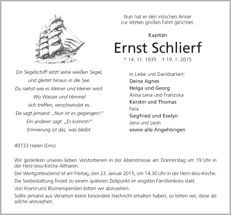  Traueranzeige für Ernst Schlierf vom 21.01.2015 aus Neue Osnabrücker Zeitung GmbH & Co. KG