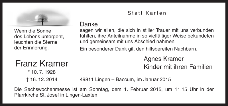  Traueranzeige für Franz Kramer vom 27.01.2015 aus Neue Osnabrücker Zeitung GmbH & Co. KG