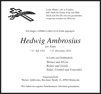 Traueranzeige von Hedwig Ambrosius von Neue Osnabrücker Zeitung GmbH & Co. KG