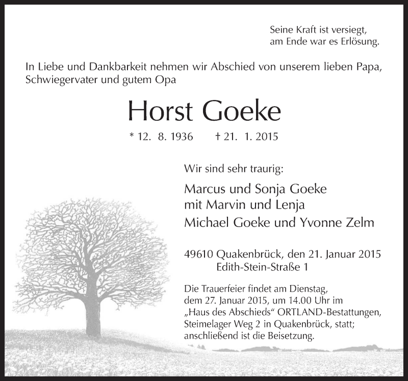  Traueranzeige für Horst Goeke vom 23.01.2015 aus Neue Osnabrücker Zeitung GmbH & Co. KG