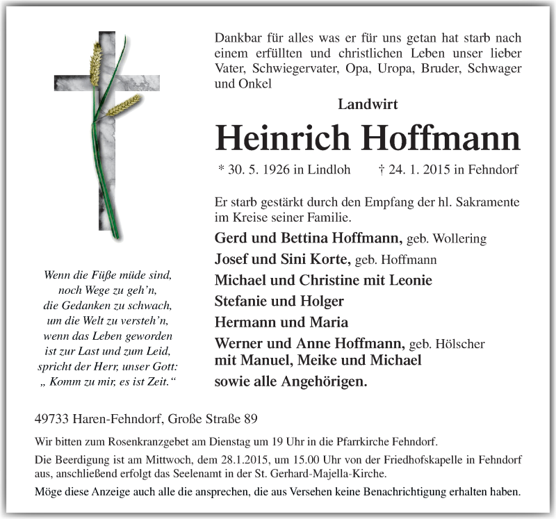  Traueranzeige für Heinrich Hoffmann vom 26.01.2015 aus Neue Osnabrücker Zeitung GmbH & Co. KG