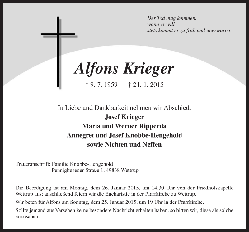  Traueranzeige für Alfons Krieger vom 23.01.2015 aus Neue Osnabrücker Zeitung GmbH & Co. KG