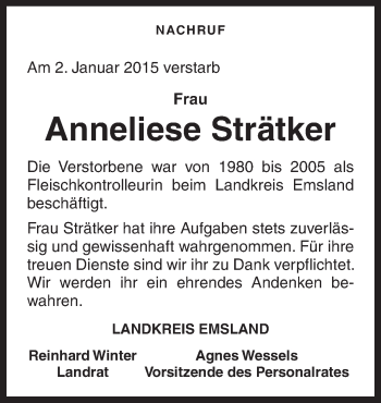 Traueranzeige von Anneliese Strätker von Neue Osnabrücker Zeitung GmbH & Co. KG