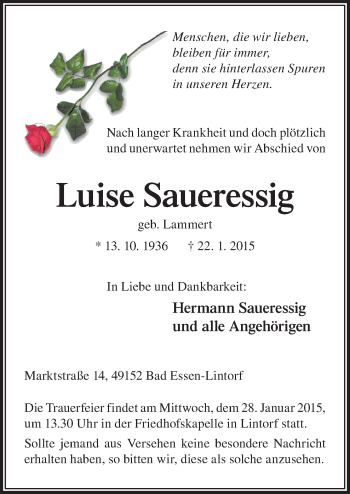 Traueranzeige von Luise Saueressig von Neue Osnabrücker Zeitung GmbH & Co. KG