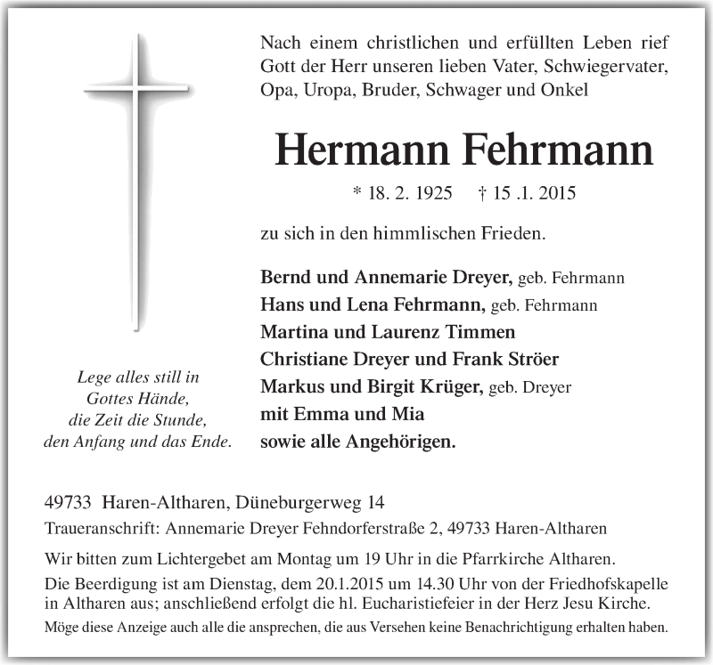  Traueranzeige für Hermann Fehrmann vom 17.01.2015 aus Neue Osnabrücker Zeitung GmbH & Co. KG