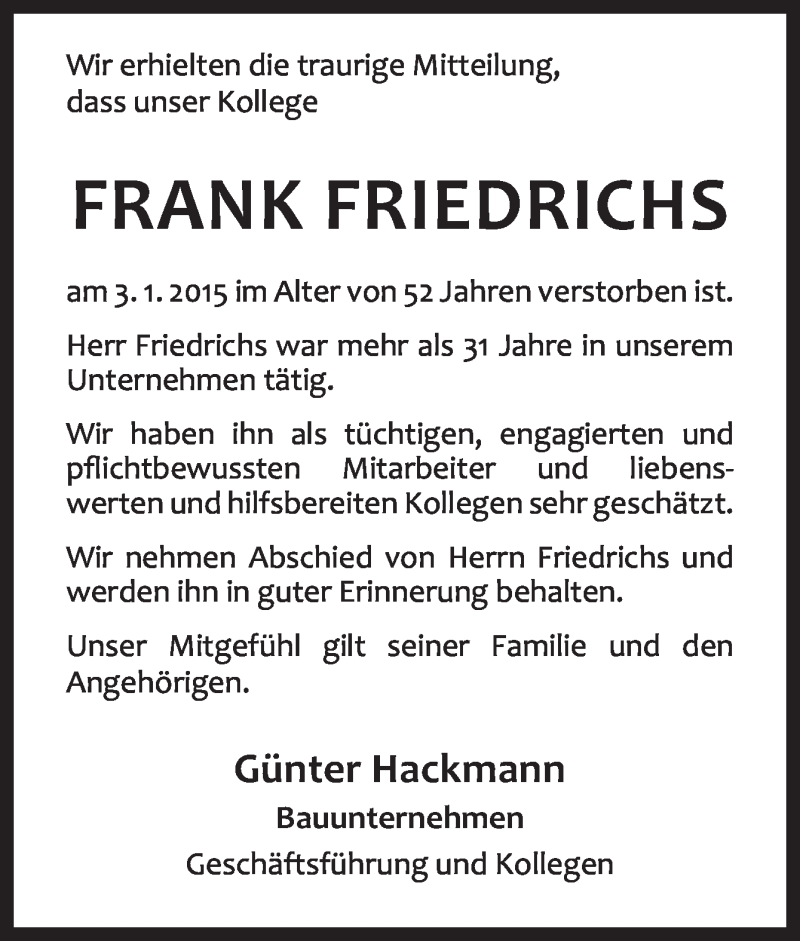  Traueranzeige für Frank Friedrichs vom 10.01.2015 aus Neue Osnabrücker Zeitung GmbH & Co. KG