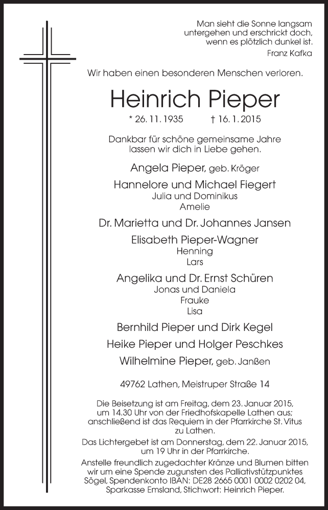  Traueranzeige für Heinrich  Pieper vom 20.01.2015 aus Neue Osnabrücker Zeitung GmbH & Co. KG