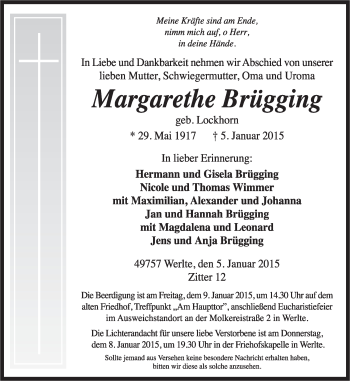 Traueranzeige von Margarethe Brügging von Neue Osnabrücker Zeitung GmbH & Co. KG