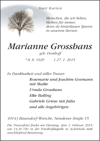 Traueranzeige von Marianne Grosshaus von Neue Osnabrücker Zeitung GmbH & Co. KG