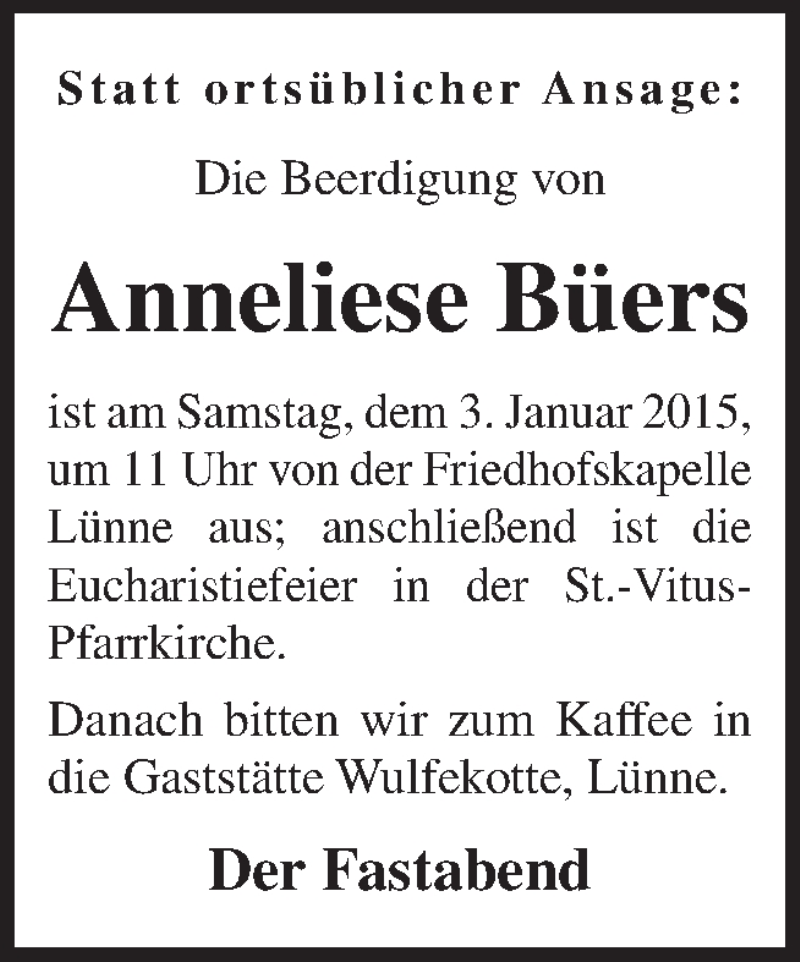  Traueranzeige für Anneliese Büers vom 02.01.2015 aus Neue Osnabrücker Zeitung GmbH & Co. KG