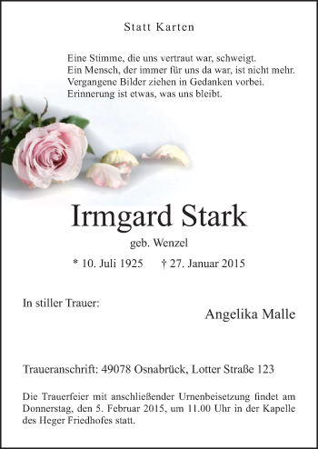 Traueranzeige von Irmgard Stark von Neue Osnabrücker Zeitung GmbH & Co. KG