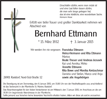 Traueranzeige von Bernhard Ettmann von Neue Osnabrücker Zeitung GmbH & Co. KG