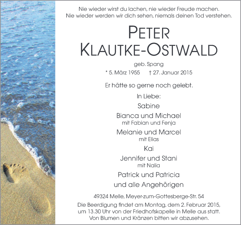  Traueranzeige für Peter Klautke-Ostwald vom 30.01.2015 aus Neue Osnabrücker Zeitung GmbH & Co. KG