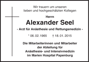 Traueranzeige von Alexander Seel von Neue Osnabrücker Zeitung GmbH & Co. KG
