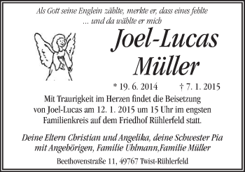 Traueranzeige von Joel-Lucas Müller von Neue Osnabrücker Zeitung GmbH & Co. KG