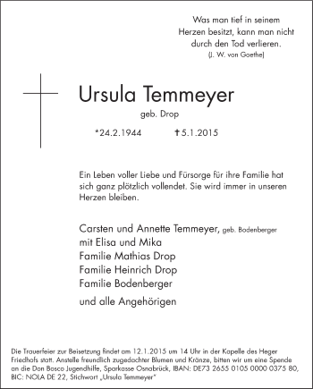 Traueranzeige von Ursula Temmeyer von Neue Osnabrücker Zeitung GmbH & Co. KG