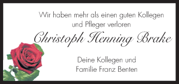 Traueranzeige von Christoph Henning Brake von Neue Osnabrücker Zeitung GmbH & Co. KG