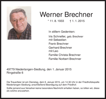 Traueranzeige von Werner Brechner von Neue Osnabrücker Zeitung GmbH & Co. KG