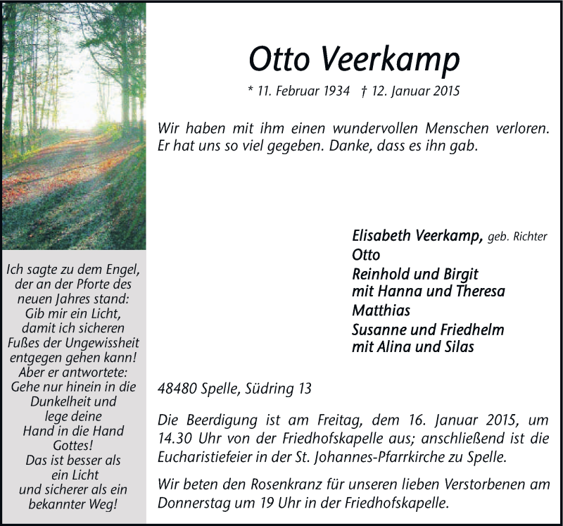  Traueranzeige für Otto Veerkamp vom 14.01.2015 aus Neue Osnabrücker Zeitung GmbH & Co. KG