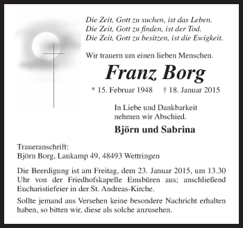 Traueranzeige von Franz Borg von Neue Osnabrücker Zeitung GmbH & Co. KG