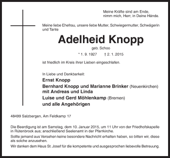 Traueranzeige von Adelheid Knopp von Neue Osnabrücker Zeitung GmbH & Co. KG