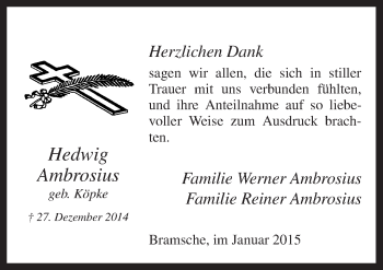 Traueranzeige von Hedwig Ambrosius von Neue Osnabrücker Zeitung GmbH & Co. KG