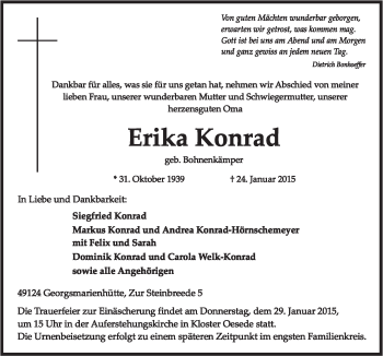 Traueranzeige von Erika Konrad von Neue Osnabrücker Zeitung GmbH & Co. KG