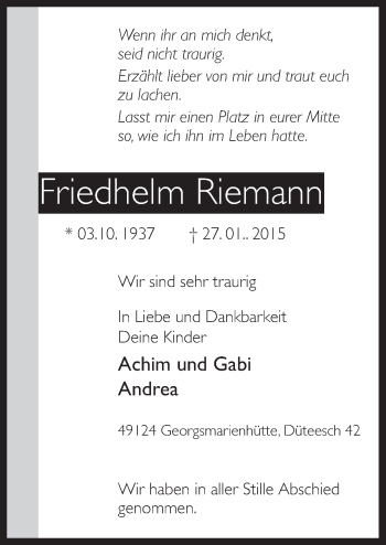 Traueranzeige von Friedhelm Riemann von Neue Osnabrücker Zeitung GmbH & Co. KG