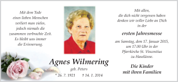 Traueranzeige von Agnes Wilmering von Neue Osnabrücker Zeitung GmbH & Co. KG