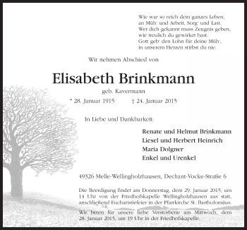 Traueranzeige von Elisabeth Brinkmann von Neue Osnabrücker Zeitung GmbH & Co. KG