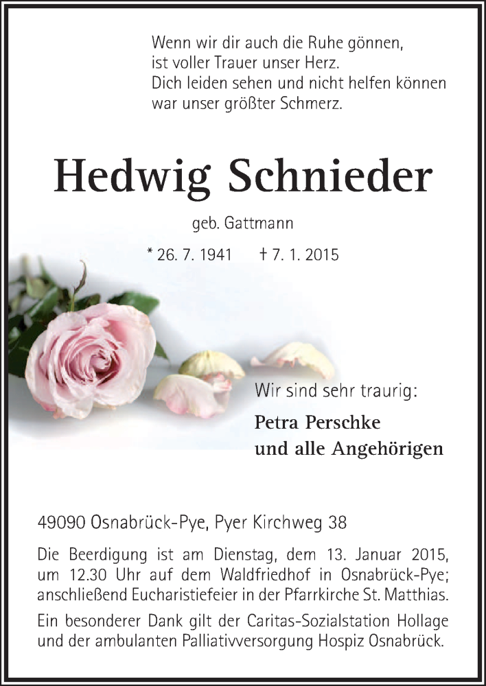  Traueranzeige für Hedwig Schnieder vom 09.01.2015 aus Neue Osnabrücker Zeitung GmbH & Co. KG