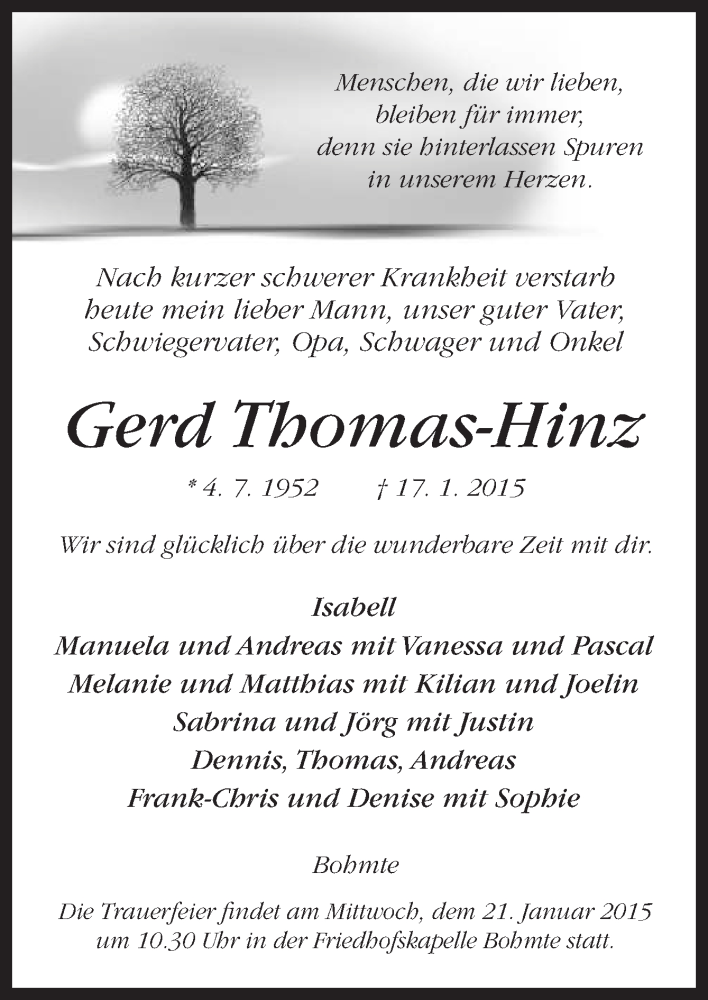  Traueranzeige für Gerd Thomas-Hinz vom 19.01.2015 aus Neue Osnabrücker Zeitung GmbH & Co. KG