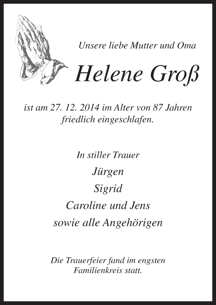  Traueranzeige für Helene Groß vom 10.01.2015 aus Neue Osnabrücker Zeitung GmbH & Co. KG