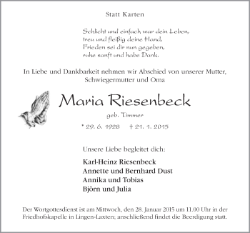 Traueranzeige von Maria Riesenbeck von Neue Osnabrücker Zeitung GmbH & Co. KG