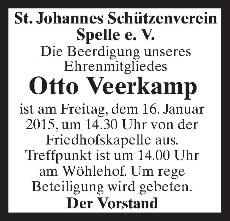  Traueranzeige für Otto Veerkamp vom 15.01.2015 aus Neue Osnabrücker Zeitung GmbH & Co. KG