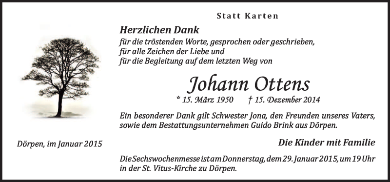  Traueranzeige für Johann Ottens vom 27.01.2015 aus Neue Osnabrücker Zeitung GmbH & Co. KG