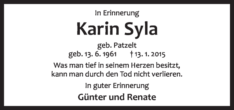  Traueranzeige für Karin Syla vom 24.01.2015 aus Neue Osnabrücker Zeitung GmbH & Co. KG