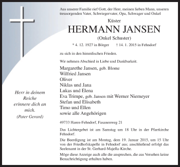 Traueranzeige von Hermann Jansen von Neue Osnabrücker Zeitung GmbH & Co. KG