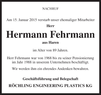 Traueranzeige von Hermann Fehrmann von Neue Osnabrücker Zeitung GmbH & Co. KG