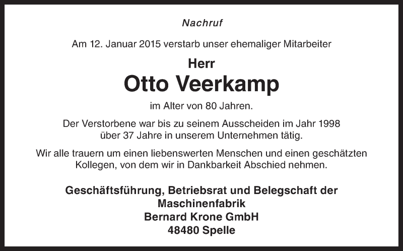  Traueranzeige für Otto Veerkamp vom 16.01.2015 aus Neue Osnabrücker Zeitung GmbH & Co. KG