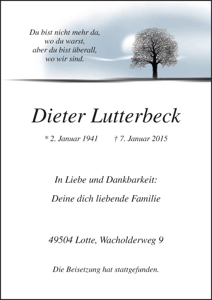  Traueranzeige für Dieter Lutterbeck vom 17.01.2015 aus Neue Osnabrücker Zeitung GmbH & Co. KG