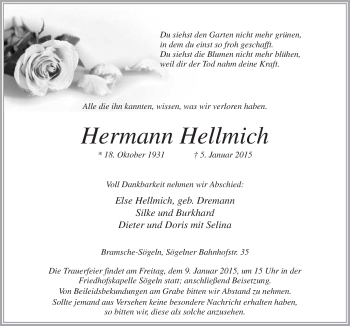 Traueranzeige von Hermann Hellmich von Neue Osnabrücker Zeitung GmbH & Co. KG