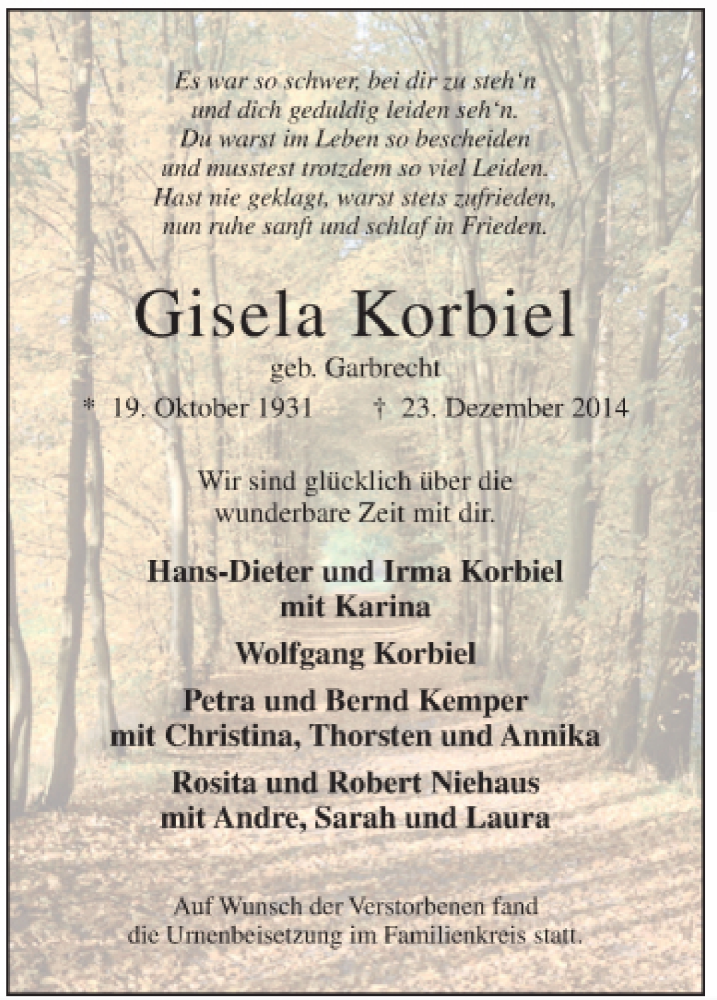  Traueranzeige für Gisela Korbiel vom 16.01.2015 aus Neue Osnabrücker Zeitung GmbH & Co. KG