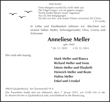 Traueranzeige von Anneliese Meller von Neue Osnabrücker Zeitung GmbH & Co. KG