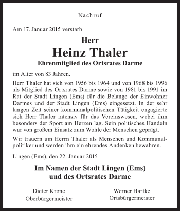 Traueranzeige von Heinz Thaler von Neue Osnabrücker Zeitung GmbH & Co. KG