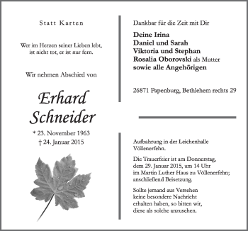 Traueranzeige von Erhard Schneider von Neue Osnabrücker Zeitung GmbH & Co. KG