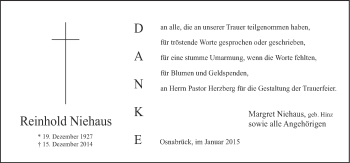 Traueranzeige von Reinhold Niehaus von Neue Osnabrücker Zeitung GmbH & Co. KG